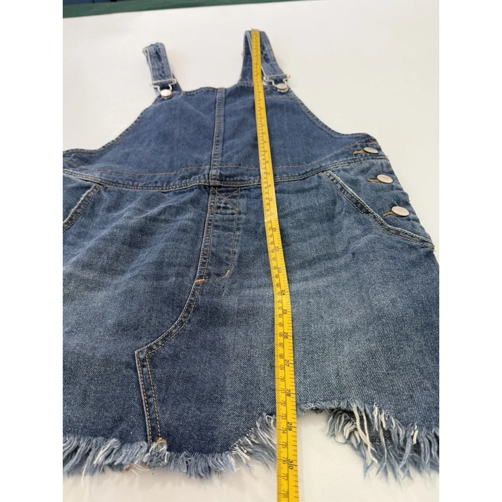 Free People Blue Denim Overall Dress Sz 6 Raw Hem Casual Bib Mini